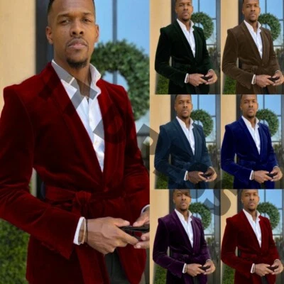Chaqueta de terciopelo para hombre con cinturón anfitrión banquete cena fiesta esmoquin blazer Foto 1 de 4