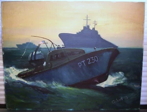 Original WW2 Naval Art WWII Battleships PT 230 Painting Signed - Picture 1 of 7