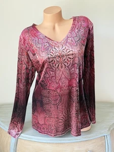 Christopher Banks Top Velvet V Neck Long Sleeve Rose Paisley Pullover Stretch - Picture 1 of 8