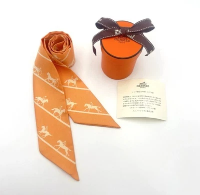 Auth Hermes Twilly LES ALLURES White x Oeange Silk Scarf W/Box - Image 1 of 4