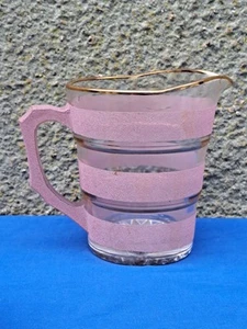 ANTIQUE ART DECO PINK STRIPED FROSTED GLASS PITCHER JUG 2 1/2 pt 16cmx13cm Czech - Picture 1 of 6