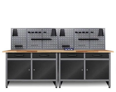 Ondis24 Werkstatt Set 240cm 2x Werkbank Metall 6x Lochwand Montagewerkbank - Bild 1 von 4