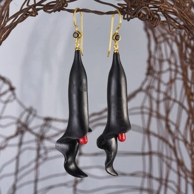 Carved Black Horn Flower Earrings Red Coral Spinel Gold Vermeil Sterling 8.35g - Image 1 of 4