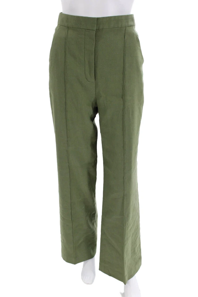 Pantalones Veronica Barba Mujer Lino Tiro Alto Plisados Pierna Ancha Verde Talla 8 Foto 1 de 4