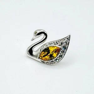 SWAROVSKI Orange Crystal Swan Pin Badge Tie Tack Lapel Brooch Rhodium Plated - Picture 1 of 5