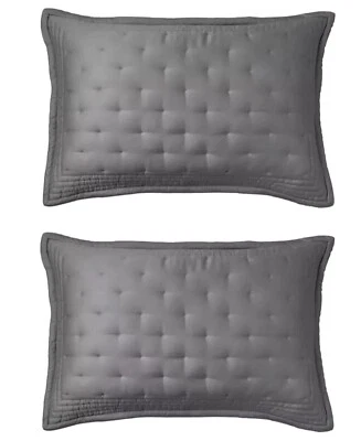 DONNA KARAN Set of 2 Essential Silk Quilt PILLOW SHAMS Standard Queen Charcoal - Image 1 of 4