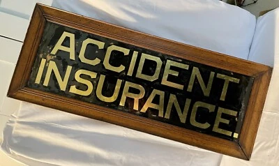 Antiguo cartel comercial de seguro de accidentes de vidrio pintado al revés de hoja de oro de la década de 1890’s Foto 1 de 4