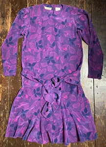 Vtg 80s LIZ CLAIBORNE Purple Pink Leaf Pleated Print Tie Ruffle Silk Dress 6 8 - Picture 1 of 17