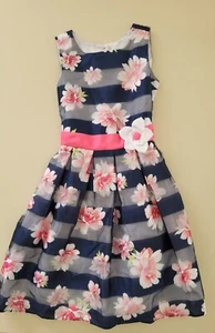 Jona Michelle Mädchen Kleid Navy Schatten Streifen Blumen Gr. 12 Hochzeit Schule - Bild 1 von 2