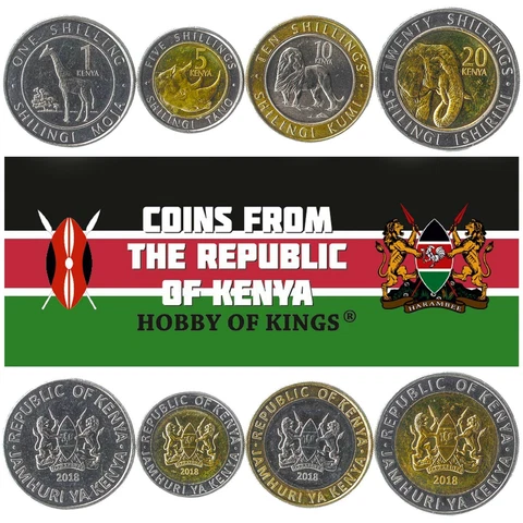 Set 4 Coins Kenya 1 5 10 20 Shillings 2018 African Animals Cover