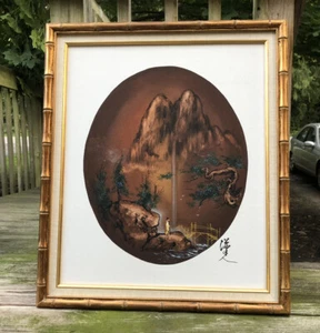 Vintage Japanese oil painting with bamboo frame 28x24 - Picture 1 of 9