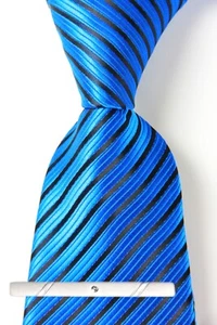 Nueva Corbata Clásica Rayas Azul Negro TEJIDA JACQUARD 100% Seda Para Hombre - Imagen 1 de 6