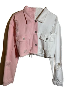 Shein Women's Large Cotton Denim Short Distressed Jacket Long Sleeve Pink White - Picture 1 of 8
