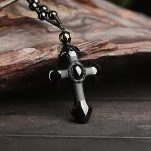 Natural crystal black obsidian cross necklace Amulet pendant with chain - Picture 1 of 6