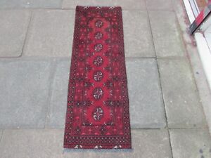 Vintage Hand Made Afghan Oriental Rich Red Wool Short Narrow Runner 137x47cm