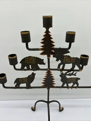 Wrought Iron Hand Painted Folk Art Candelabra 7 Candle Holder Cabin Decor Tree - Image 1 of 4