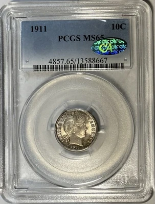 1911 P Barber Dime 10c PCGS MS65 & CAC ‼️BEAUTIFUL GEM UNC & LUSTROUS‼️ - Image 1 of 2