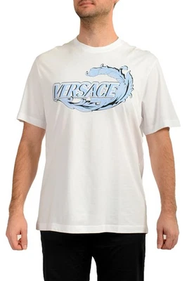Camiseta de manga corta Versace para hombre blanca y azul con estampado de logotipo US 5XL IT 62 Foto 1 de 4
