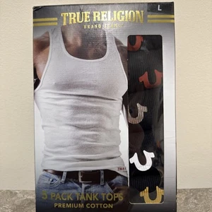 True Religion Tank Top Men's Large Premium Cotton Black Round Neck Pack of 5 NWT - Picture 1 of 7
