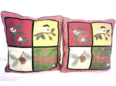 Christmas Throw Pillows Block Quilt Country Cabin Rustic All Hearts Come Home - Image 1 of 4
