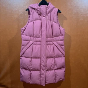 Lands End Puffer Down Vest Pink Woman’s With Hood Long Tunic Style. EUC - Picture 1 of 9