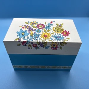 Vintage Metal Tin Recipe Box Ohio Art Co. 1960's Floral on Blue & White USA Made - Picture 1 of 7