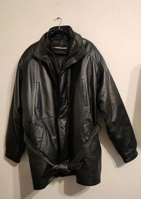 Charles Klein черный кожаный плащ вкладыш двойной воротник 3 X мужчин тяжелая молния - Изображение 1 из 3