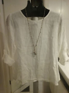 TERZO MILLENNIO 100% linen white top, M, lace insert turn up sleeve, Italy, BNWT