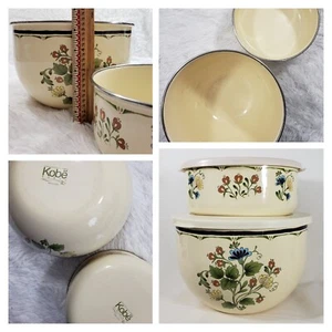 Vintage * Kobe Enamelware Bowls & Lids * Mixing Bowl * Hand-painted Floral JCP - Picture 1 of 12