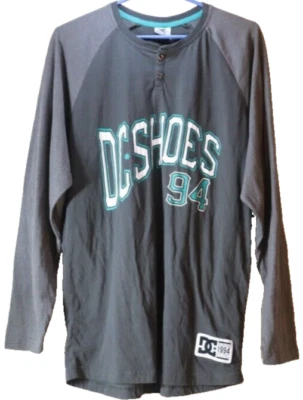DC Shoes Signature Gray Long Sleeve Raglan Henley Shirt Skater Medium - Image 1 of 4