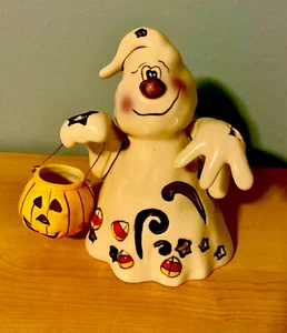 Blue Sky Clayworks Halloween Ghost Holding Pumpkin Tealight Candle Holder - Picture 1 of 10