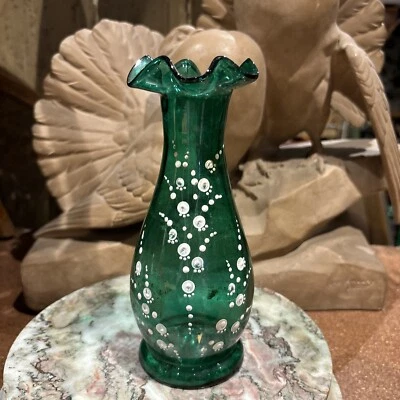 ancien vase en verre emaillé decor floral muguet - Photo 1/4