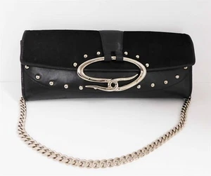 St John Couture Black Calf Hair Leather Silver Chain Studded Shoulder Bag Italy - Picture 1 of 6
