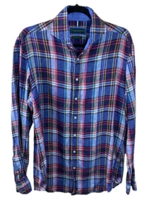 Kent & Curwen Blue Plaid 100% Linen Tailored Fit Button Long Sleeve Shirt S - Picture 1 of 3