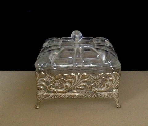 Small Antique Dresser Box. Brass & Glass. Ornate. Early 1900's Cover