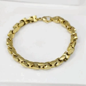 Bracciale Uomo 8,5" Acciaio Inox 8mm Catena Ossa Interlock,Scatola Placcata Oro - Foto 1 di 2