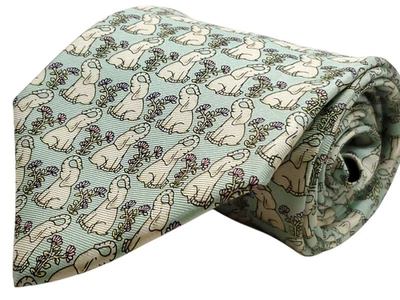 TIENDA PERSONALIZADA Corbata de Seda Vintage ELEFANTE Hecha a Mano en EE. UU. Azul Teal Verde Blanco NUEVA Foto 1 de 4