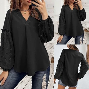 Women V-Neck Lantern Long Sleeve Tops Ladies Casual Loose Baggy T-Shirt Pullover - Picture 1 of 12