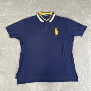 Polo Ralph Lauren Big Pony Navy Blue Mens Polo Shirt XXL Striped Collar Yellow - Picture 1 of 7