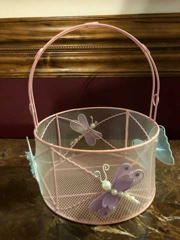 Pink METAL WIRE MESH BASKET WITH HANDLE Girl Butterfly Easter Party Cover