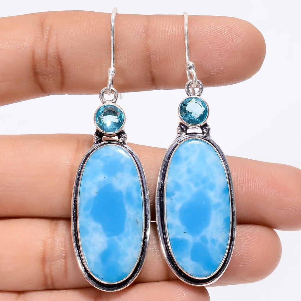 Pendientes de plata 925 con piedras preciosas de topacio azul Larimar joyería de moda 2,2" ARE-3041 Foto 1 de 1