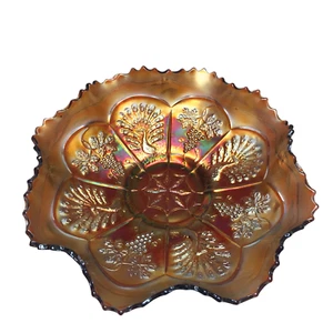 CARNIVAL GLASS SPECTACULAR NORTHWOOD ELECTRIC Amber Peacock Ruffled Bowl Dish 9" - Picture 1 of 10