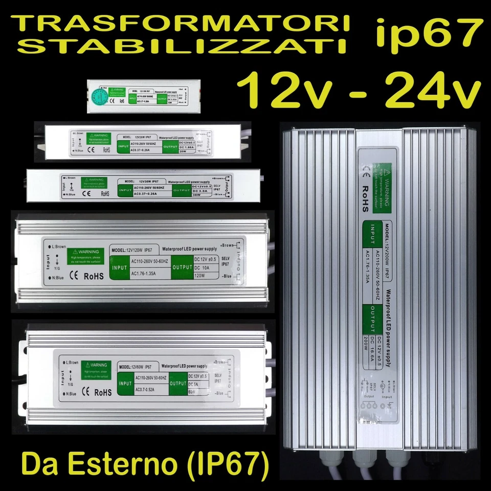 Trasformatore 12v 24v IMPERMEABILE ip67 WATERPROOF Alimentatore Striscia Led  - Immagine 1 di 1