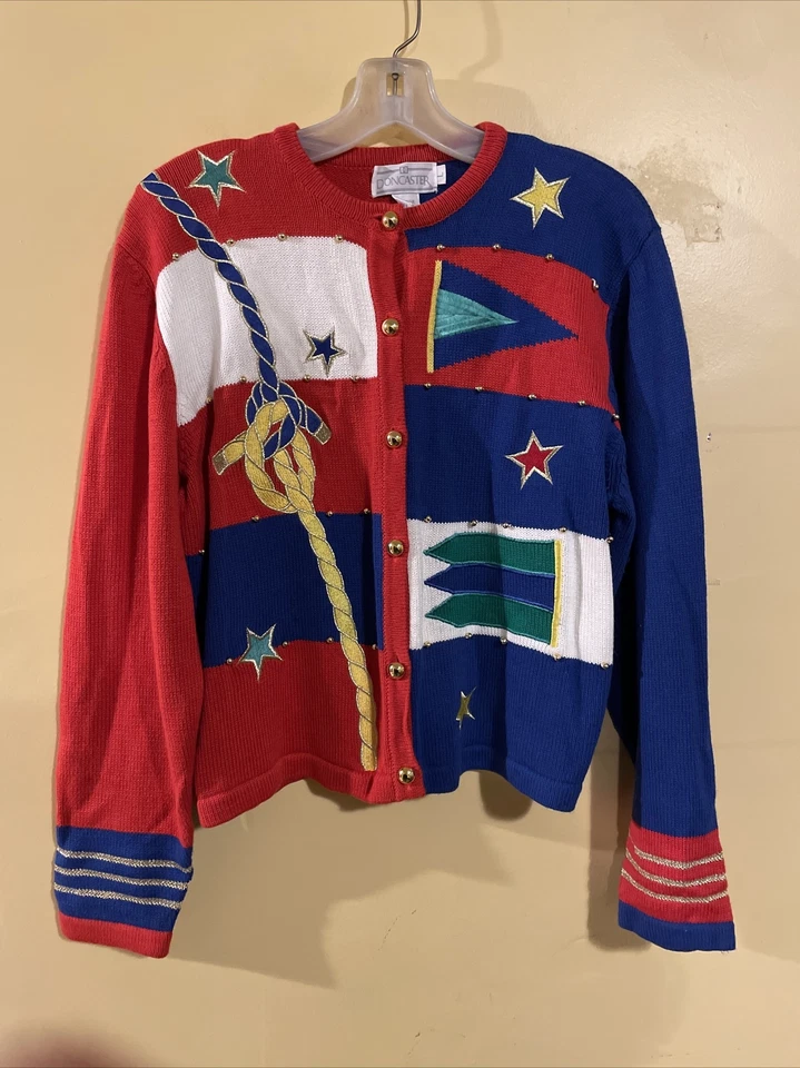 Vintage Y2K Womens Knitted Cardigan Sailing Boat Sweater Vest Sz L Doncaster - Image 1 of 4