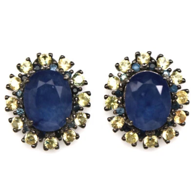 925 Sterling Silber Schwarz Vergoldet 8 x 10 Mm. Blau - Gelbe Saphir Ohrringe - Bild 1 von 3