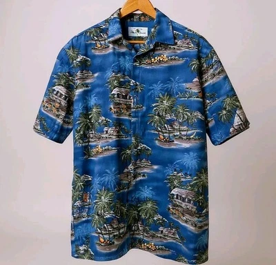 Camisa Island Shores Para Hombre M Hawaiana Aloha Azul Tropical Palma Rayón Foto 1 de 4
