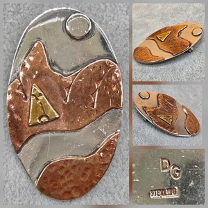 Sterling Silver 925 DG Artist Signed Abstract Lake Wave Moon Mountain Brooch - Picture 1 of 11