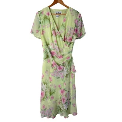 Vestido Vaina Vintage Años 90 Pequeño Sheri Martin Floral Midi Acanalado Cuello en V Verde Rosa Foto 1 de 4