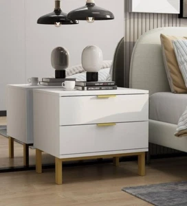 Nightstand Small Bedside Table with Gold Frame White Night Stand Bedside - Picture 1 of 2