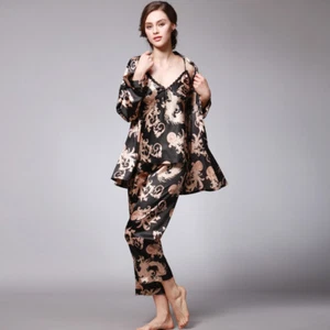 NEW Sexy Womens Silk Satin Pajamas 3pc Sleepwear&Robes Nightdress Nightgown P101 - Picture 1 of 17